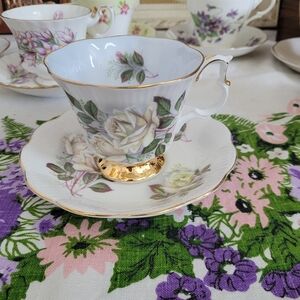 Royal Albert White Cabbage Rose Porcelain Teacup and Saucer with Gold Detail